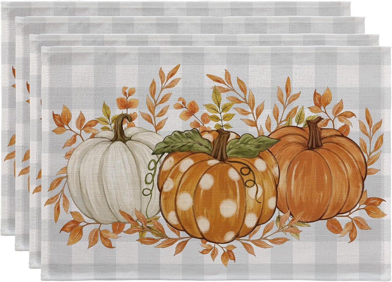 Set of 4 Pumpkin Grey and Blue Buffalo Plaid Placemats - 12 X 18 Inch